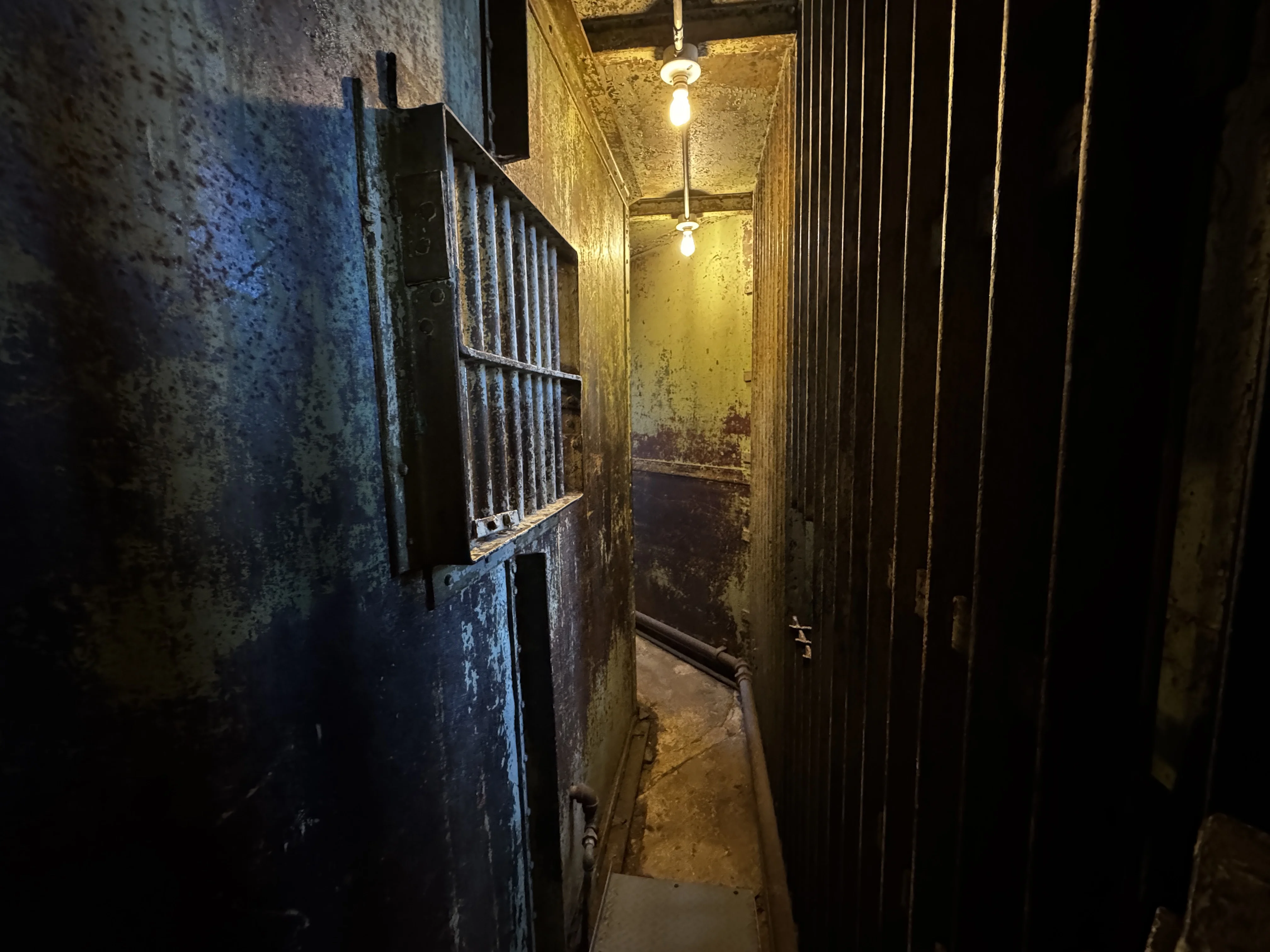 A narrow, dim steel hallway lit by hanging incandescent bulbs, with a barred steel door on the left and vertical iron bars on the right