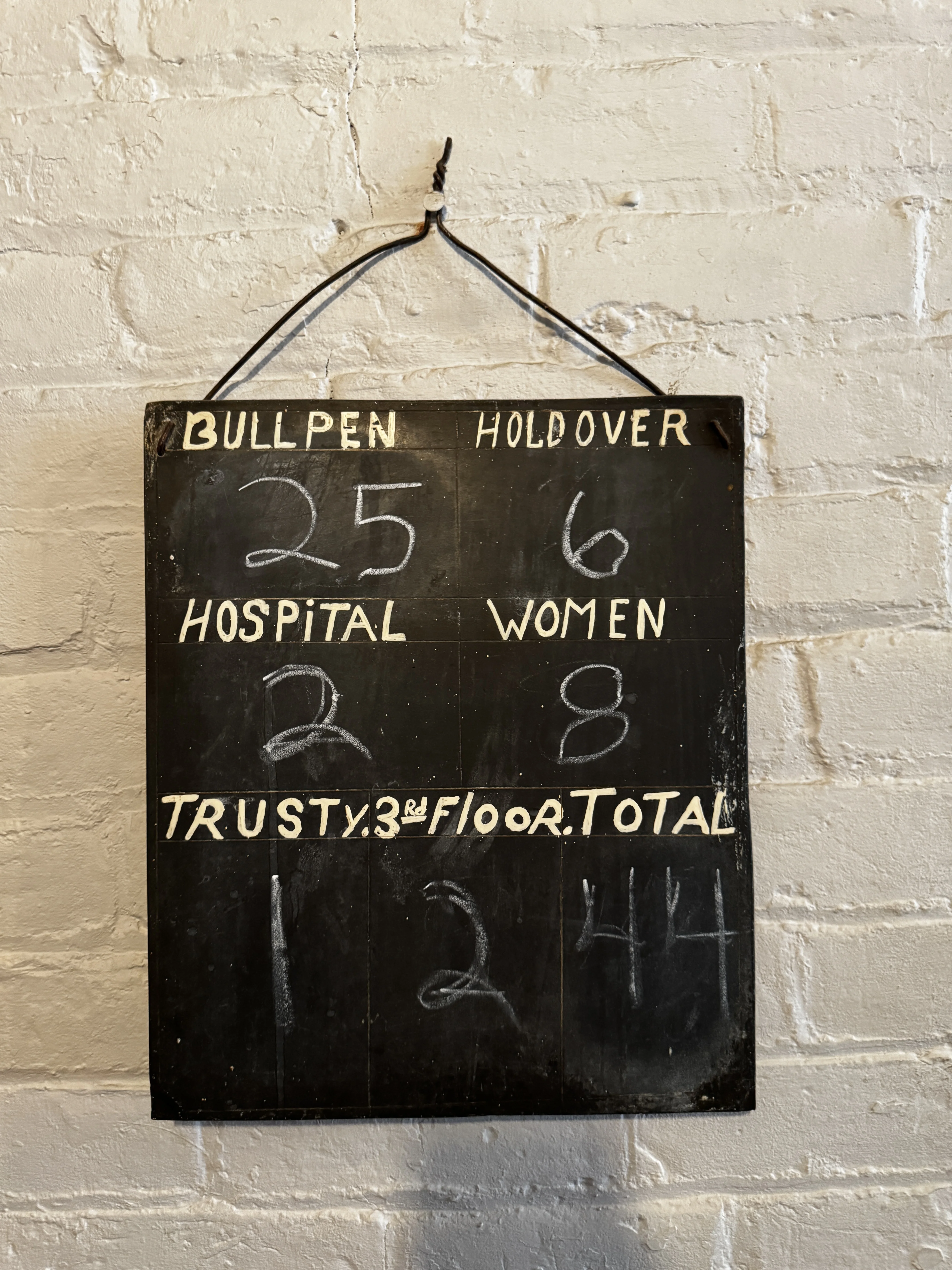 A slate chalkboard hanging against a white brick wall listing handwritten chalk counts for bullpen, holdover, hospital, women, and trusties totaling 44